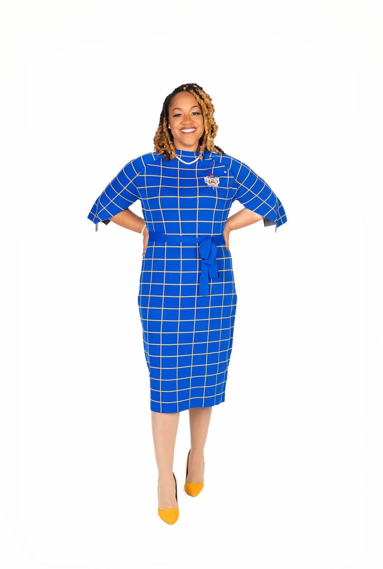 ΣΓΡ Blue Oxford Check Cape Sleeve Dress - Image 2