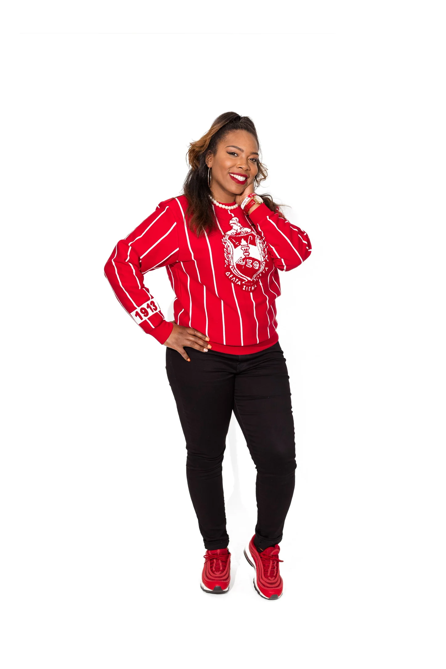ΔΣΘ Red Shield Chenille Striped Crew