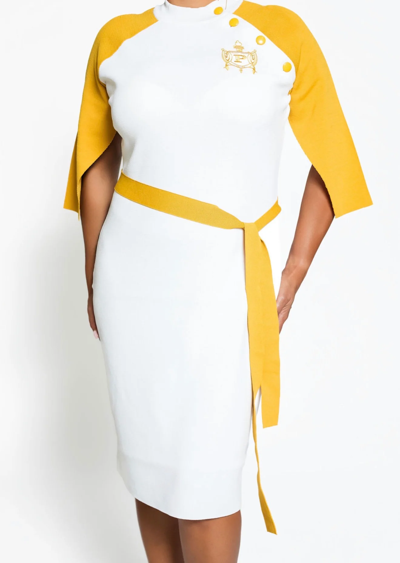 ΡHILO Two Tone White/Gold Cape Sleeve Dress
