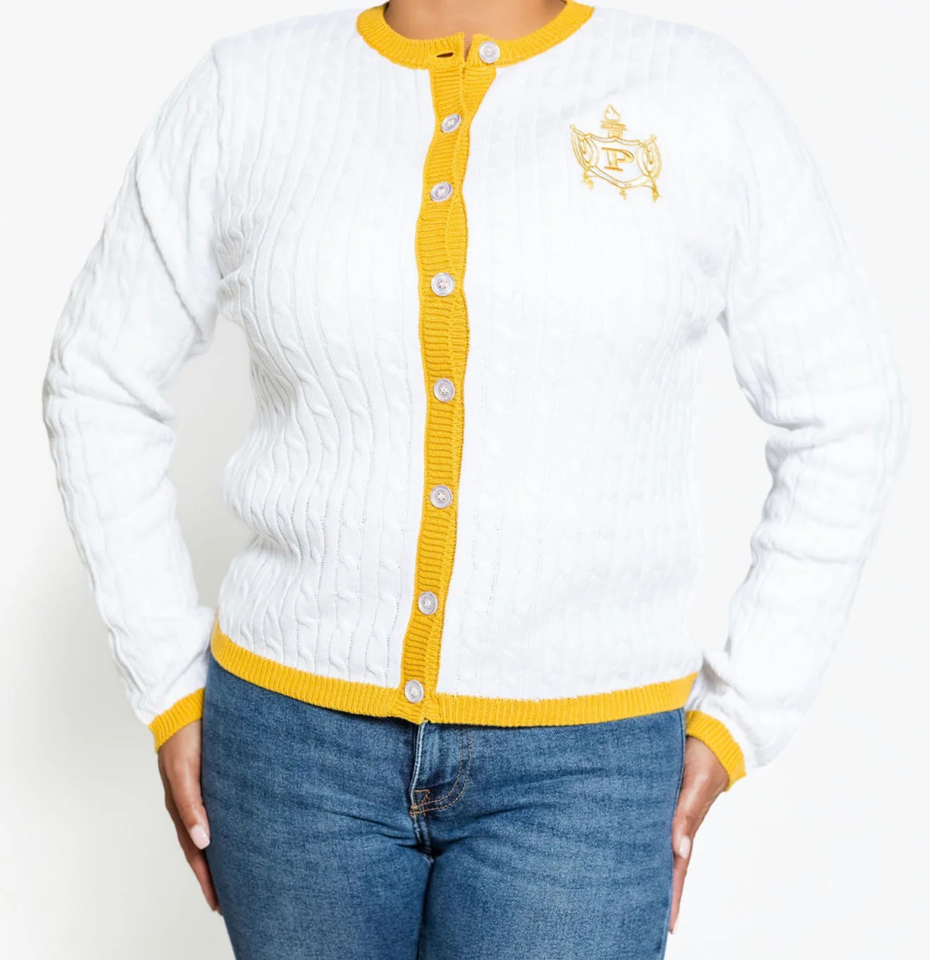 PHILO White/Gold/Blue Button Cable Sweater
