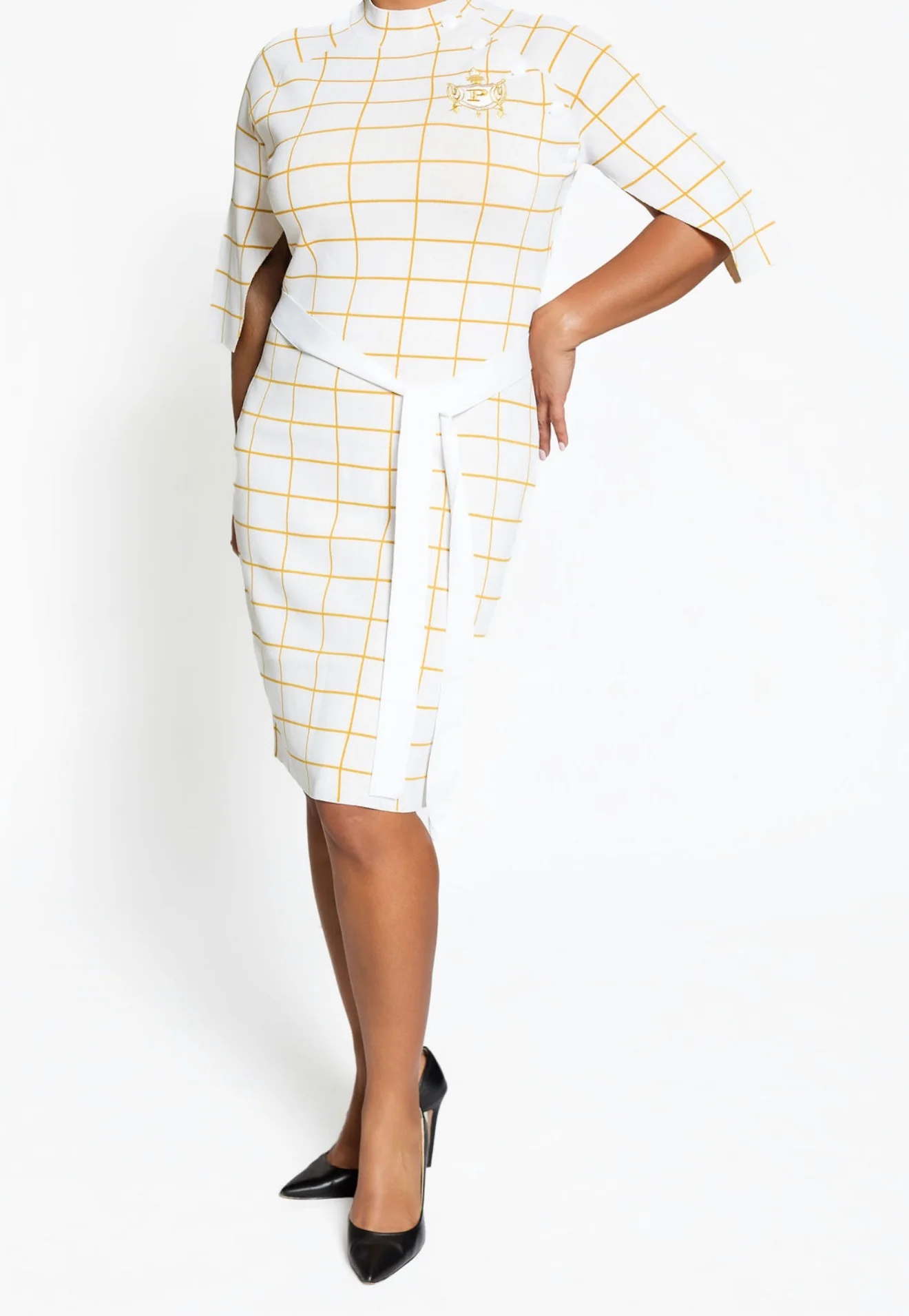 PHILO White/Gold Oxford Check Cape Sleeve Dress