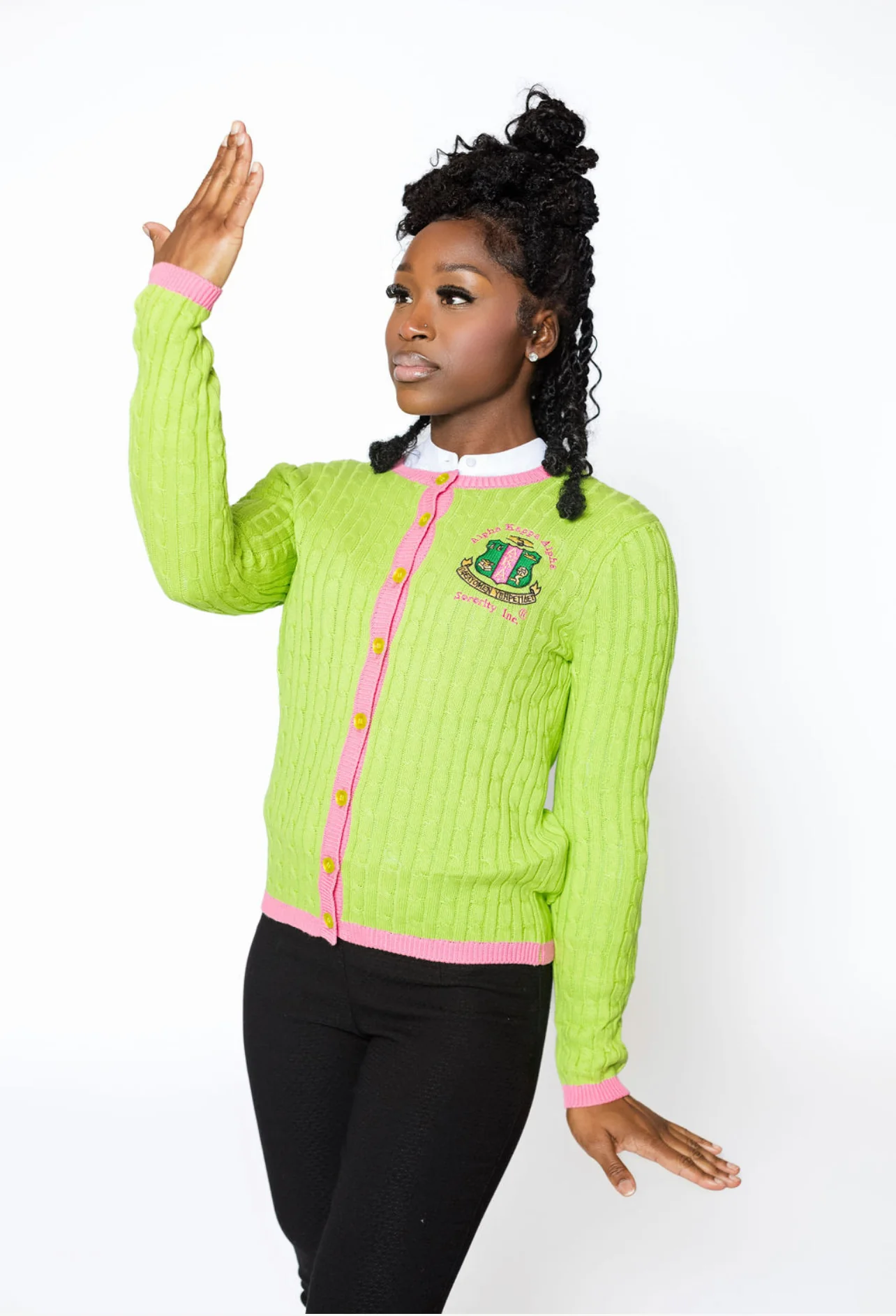 AKA Apple/Pink Button Cable Sweater
