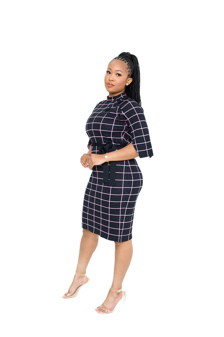 AKA Black/Pink Oxford Check Cape Sleeve Dress