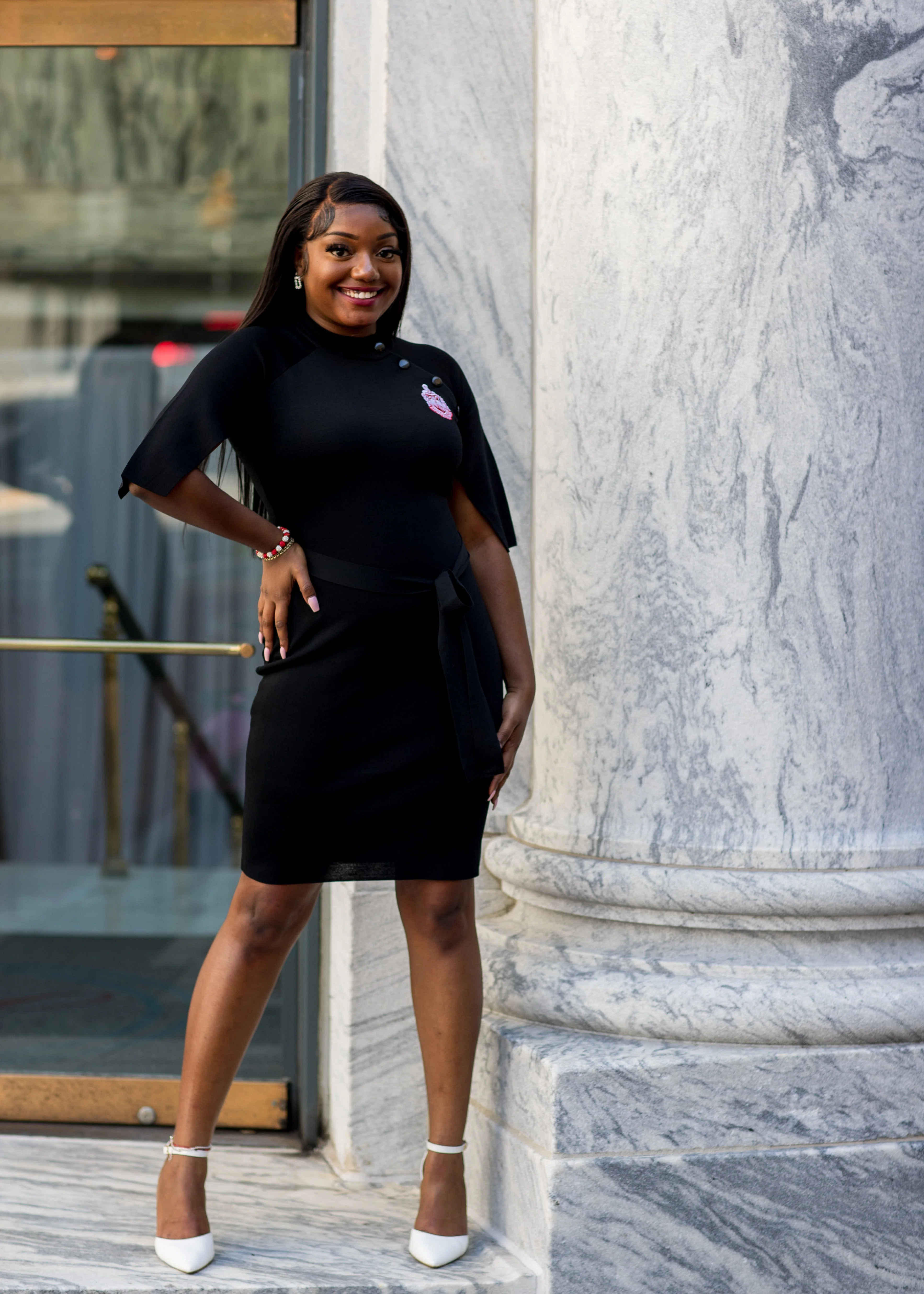 ΔΣΘ Black Cape Sleeve Dress (Red Crest) - Image 2
