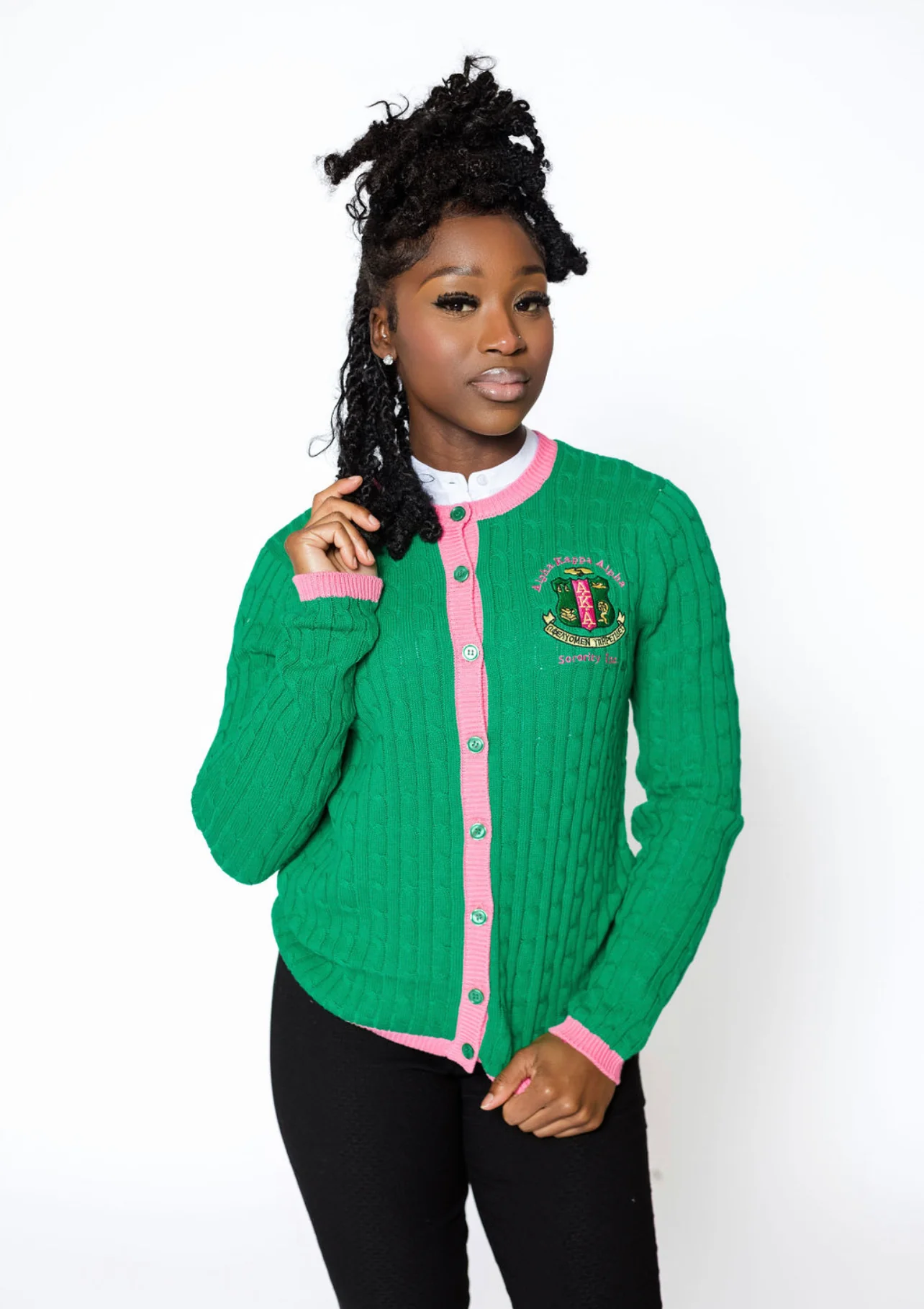 AKA Green/Pink Button Cable Sweater