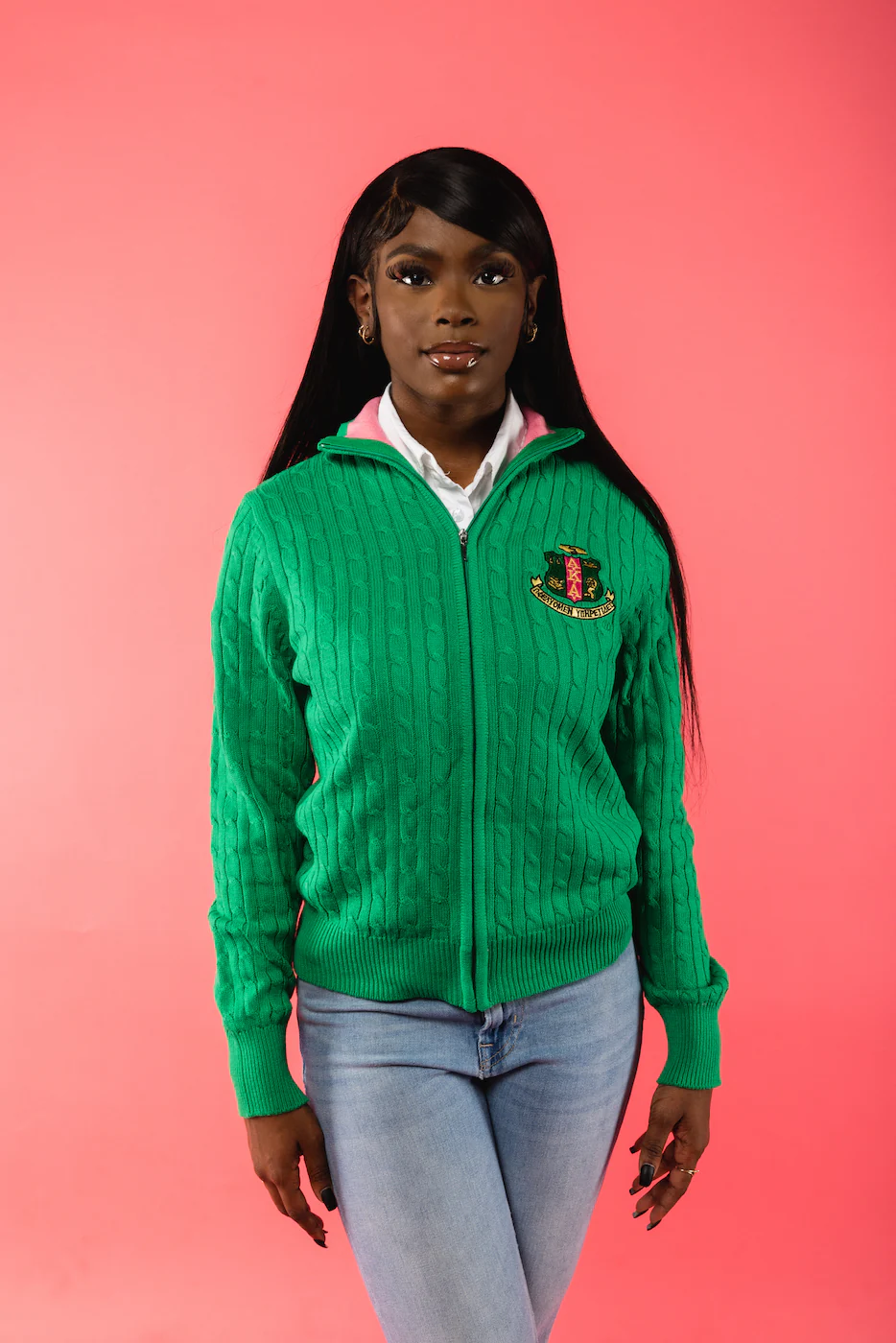 AKA ZIP CABLE SWEATER GREEN